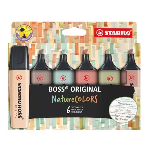 Evidenziatore - STABILO BOSS ORIGINAL NatureCOLORS - Astuccio da 6 - Sabbia/Cenere/Foglia di Tè/Terra di Siena/Verde Oliva/Fava di Cacao