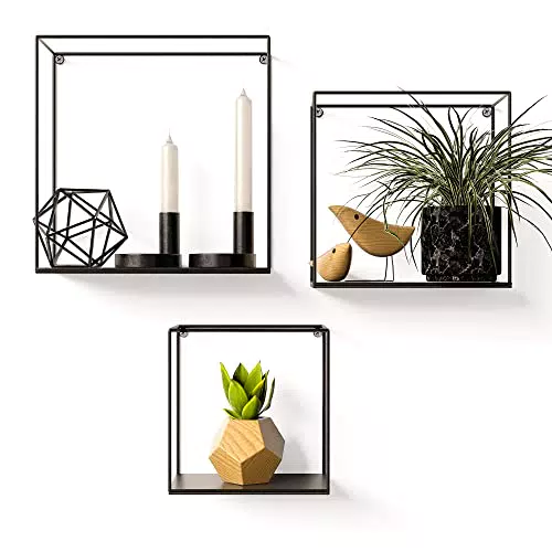 Gadgy Mensola da Muro Nera - Set Di 3 Diverse Dimensioni - Mensole Cubo grande 32x32x12 cm - Decorazioni Muro Salotto metallo - Mensole da muro Design