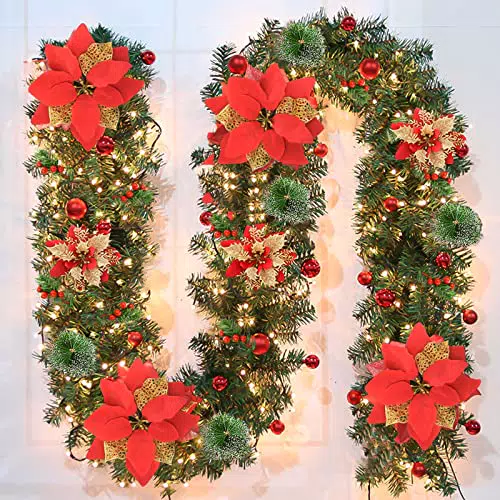 Ghirlanda di Natale con luci, ghirlanda decorata pre-illuminata da 9 piedi ghirlanda di Natale con luci per scale decorazioni natalizie per camino decorazioni per porte di Natale