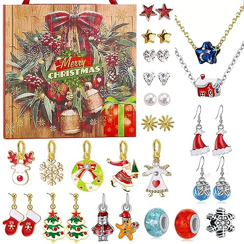Gioielli Calendario dell'Avvento 2023 24 Pezzi Calendario dell'Avvento per Ragazze 2022 con Collana Anelli Orecchini Charms Perline Natale Conto alla rovescia Calendari Regalo Fai da Te