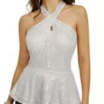GRACE KARIN Top da Spaghetti Casual da Donna Sexy con Collo a Canotta con Paillettes Tunica Slim Fit con Orlo a Peplo XL Argento