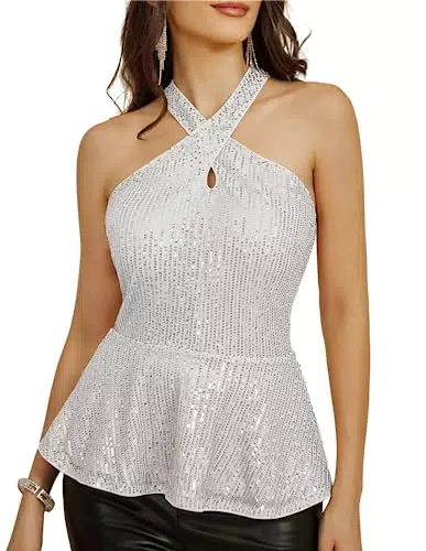 GRACE KARIN Top da Spaghetti Casual da Donna Sexy con Collo a Canotta con Paillettes Tunica Slim Fit con Orlo a Peplo XL Argento