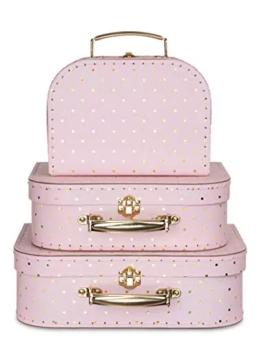Jewelkeeper - Valigie in Cartoncino, Set da 3 Scatole Regalo Portaoggetti Impilabili per Compleanno Matrimonio Natale Ufficio Decorazione Vetrine Giocattoli Foto - Disegno a Punti Rosa e Oro
