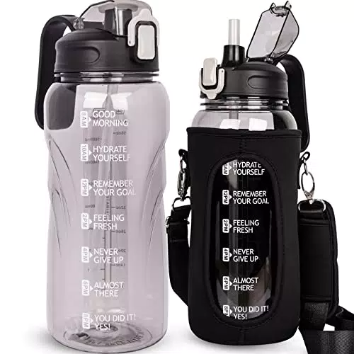 Justfwater 2 Litro Bottiglia Acqua, Borraccia Sportiva con Cannuccia & Indicatore del Tempo Motivazionale