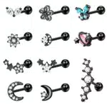 Kakonia 11Pcs 16G Cartilagine Orecchini Borchie Acciaio Inossidabile CZ Forward Helix Tragus Orecchino a perno Cute Farfalla Luna e Stella Cartilagine Daith Conch Ear Piercing Gioielli per Donne