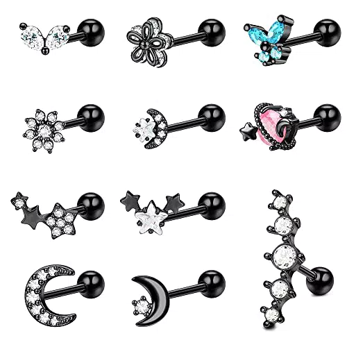 Kakonia 11Pcs 16G Cartilagine Orecchini Borchie Acciaio Inossidabile CZ Forward Helix Tragus Orecchino a perno Cute Farfalla Luna e Stella Cartilagine Daith Conch Ear Piercing Gioielli per Donne