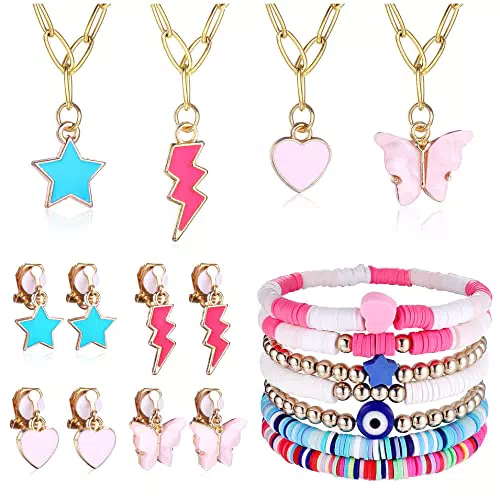 Kakonia Set di Gioielli Preppy Bracciali Preppy Orecchini a Clip Collane Cuore colorato Stella Farfalla Fulmine Malocchio Ciondoli con Perline Carino Y2k Gioielli da Spiaggia Estivi di Tendenza