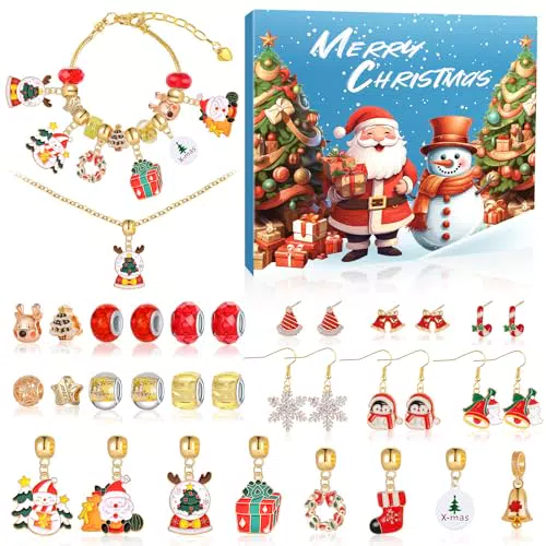 Kalolary 34pcs Christmas Charms Avvent Calendar, Calendario del conto alla rovescia Kit per gioielli per 24 giorni Gift di Natale Calendario Avventa Bracciale Christmas Bracciale per donne