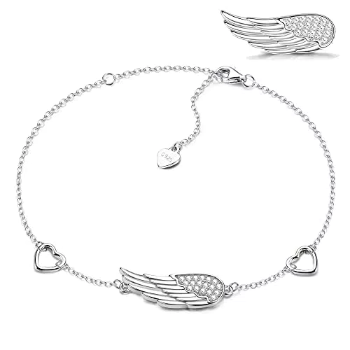 KALVICA Bracciale Donna Argento Sterling 925 Bracciale con Ali d'Angelo e Ciondolo d'Amore Regolabile Bracciale a Catena Intrecciata Argento Classico Gioielli Regalo per Moglie Mamma