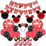Kreatwow Topolino e Cartoon Mouse Forniture per feste Orecchie rosse e nere Fascia per buon compleanno Banner Palloncini a pois per decorazioni per feste a tema Cartoon Mouse