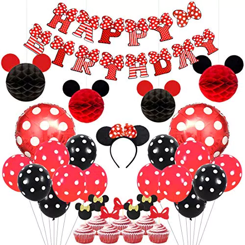 Kreatwow Topolino e Cartoon Mouse Forniture per feste Orecchie rosse e nere Fascia per buon compleanno Banner Palloncini a pois per decorazioni per feste a tema Cartoon Mouse
