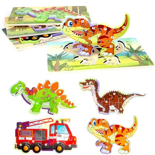 LEcylankEr Puzzle Bambini 2 3 4 Anni, Puzzle Legno da 9-10 Pezzi Animali/Dinosauri/Auto