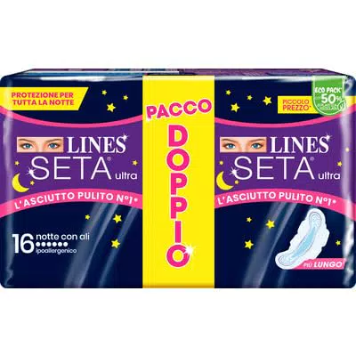 Lines Seta Ultra Notte Assorbenti con Ali, Confezione da 16