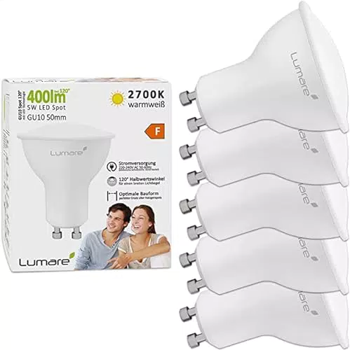 LUMARE, GU10 LED Spot 5W, Set di 5, No dimming, La lampada a risparmio energetico sostituisce 35W