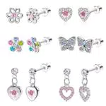 Morfetto 6 paia di orecchini a vite per le donne orecchini colorati a forma di farfalla con fiori rosa orecchini pendenti a cuore con cz in acciaio inossidabile orecchini a vite posteriore color