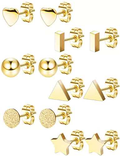 Morfetto 6 Pairs in acciaio inox orecchini con perno Set per le donne Bar Cuore Palla Stella triangolo orecchio piercing oro