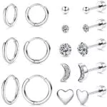 Morfetto Set di orecchini per piercing multiplo Orecchini a bottone e cerchi placcati in oro 14K Set Dainty Small Hoop Heart Moon CZ Ball Studs Orecchini per donna Argento