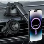 OMOTON 3 in 1 Supporto auto per telefono per Magsafe. Doppia suzione a vuoto e magnetica con 20 magneti N52 per cruscotto/parabrezza/Uscita aria. Compatibile con iPhone