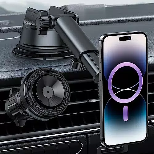 OMOTON 3 in 1 Supporto auto per telefono per Magsafe. Doppia suzione a vuoto e magnetica con 20 magneti N52 per cruscotto/parabrezza/Uscita aria. Compatibile con iPhone