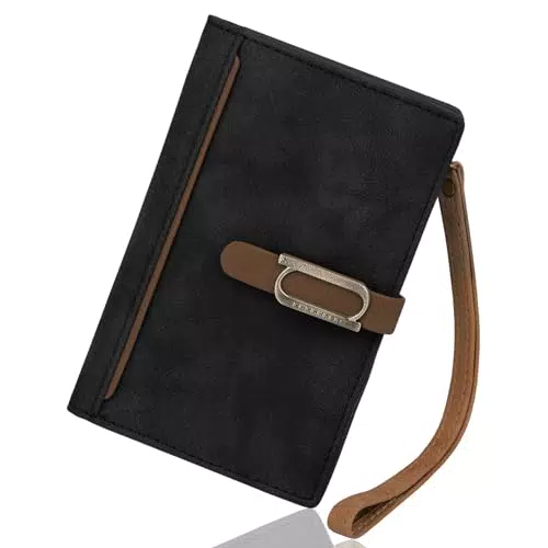 ONEKERUN Portafoglio Donna, Vintage PU Portafoglio Donna Piccolo con Zip Classico Portamonete Donna Con Chiusura a Scatto e Scomparti per Carte Idee Regalo Donna - Nero