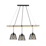 Plafoniera in Legno E27, 3 Lampadario Industriale, Lampada a Sospensione Vintage Nero Regolabile in Altezza
