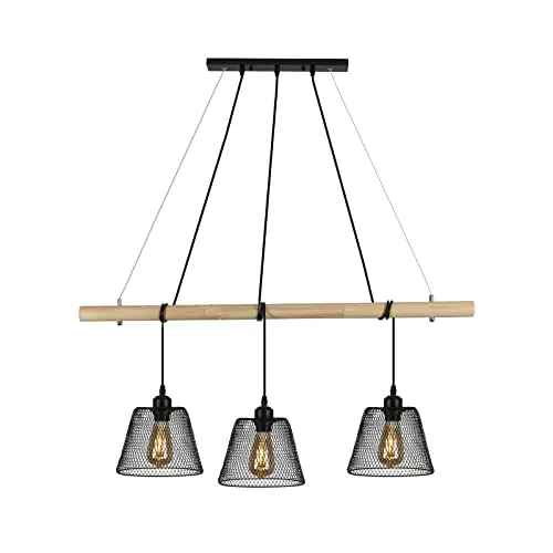 Plafoniera in Legno E27, 3 Lampadario Industriale, Lampada a Sospensione Vintage Nero Regolabile in Altezza
