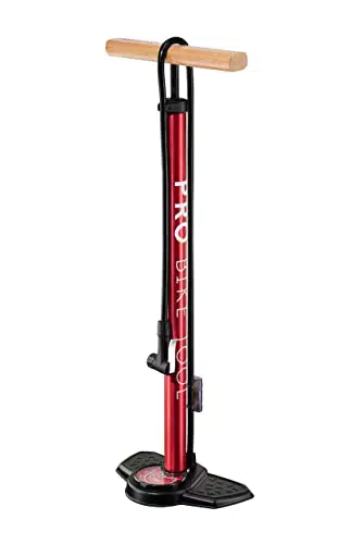 PRO BIKE TOOL Pompa da bicicletta con manometro - Attacco sicuro della valvola Presta e Schrader - Pompa da pavimento per bici con piedino stabilizzatore - per bici da strada e da montagna - rosso