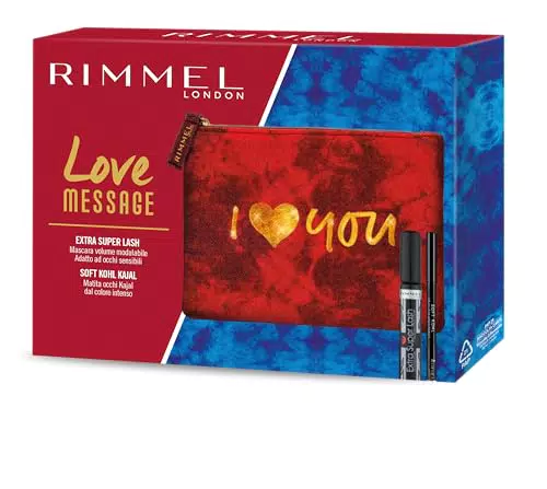 Rimmel London Kit Regalo Donna Love Message, Pochette Small Red con Mascara Nero Extra Super Lash 3D Allungante e Volumizzante e Matita Occhi Soft Kajal Kohl