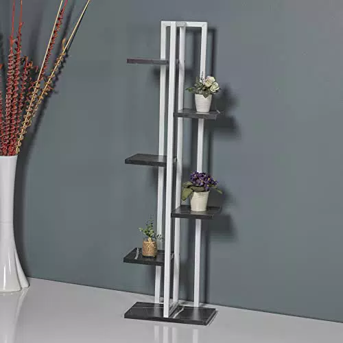 Scaffale Portapiante 120 x 34 x 21 cm Mobile a Terra con Ripiani Portaoggetti Organizzatore per Piante - Bianco/Marmo Nero