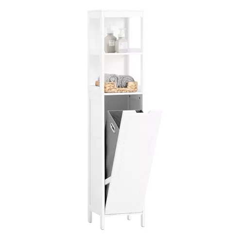 SoBuy Mobile alto con sacco portabiancheria pieghevole Mobiletto bagno Scaffale Bianco 30x30x145cm BZR123-W