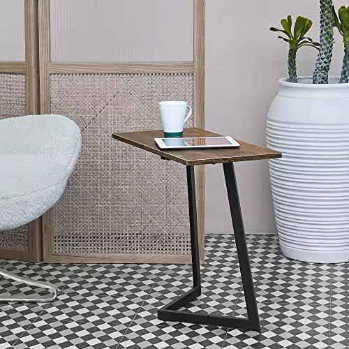 Tavolino Laterale da Divano 55 x 60 x 30 cm Tavolino Basso Consolle con Telaio in Metallo e Piano Quadrato in MDF - Effetto Legno Scuro