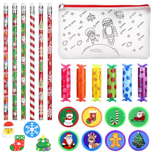 Ucouper Gadget Natale Bambini Pensierini Natalizi Regali Natale Bambini Cancelleria Scuola Set Cancelleria 25 pz Con Matite Timbri Gomma Astuccio cancelleria bambina