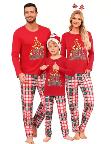 Uniexcosm Pigiama Natale, Pigiama Natalizio Famiglia Cotone Pigiama di Natale Coppia Lungo con Tasca Set Natale Pigiama con Girocollo Due Pezzi Strisce per Natale C-Bambino-Rosso