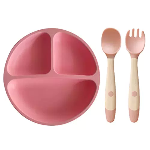 WJIAEER Piatto per bambini in silicone, piatto per bambini con cucchiaio e forchetta