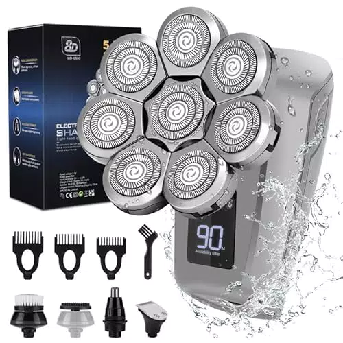 zerotop Rasoio Elettrico Barba Testa Calva, Tagliacapelli Uomo Regolabarba IPX6 Impermeabile 5 in 1 Rasoi Testa Calva Ricaricabili Rasa Capelli Tosatrici Rotanti Senza fili Trimmer Barba Kit