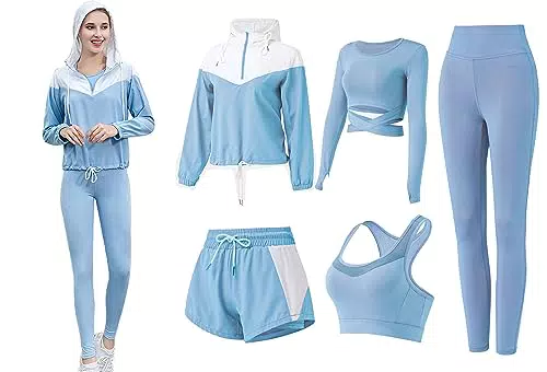 ZETIY Tute da Donna Set, 5 Pezzi Abbigliamento Sportivo Donna Tuta da Fitness Sportwear per Pilates Yoga Jogging Gym Workout Ginnastica - Blu - L