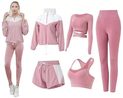 ZETIY Tute da Donna Set, 5 Pezzi Abbigliamento Sportivo Donna Tuta da Fitness Sportwear per Pilates Yoga Jogging Gym Workout Ginnastica - Rosa - M