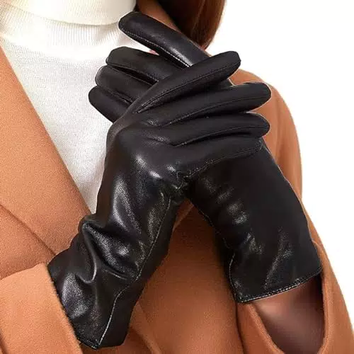 ZLUXURQ Guanti touchscreen per climi freddi in vera pelle di agnello nero morbida da donna foderati in cashmere