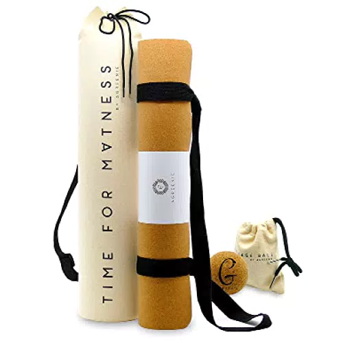 aGreenie Set di borse per tappetino yoga - sughero gomma naturale - 4mm - antiscivolo - non inquinante - tappetino da ginnastica - incl. cinghia di trasporto più palla da massaggio e e-book