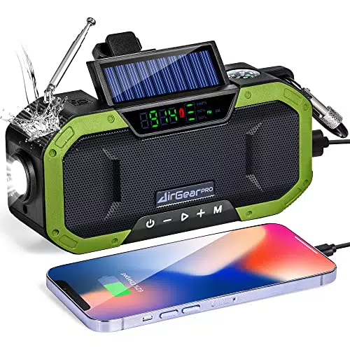 AirGearPro R-5000 Radio a Manovella, Dinamo Radio portatile ricaricabile - Batteria 5000mAh - Caricabatterie USB per smartphone - Torcia