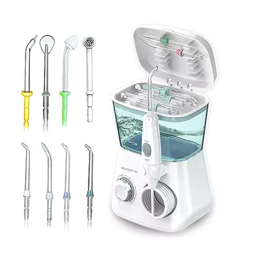 Aquapik 100, Irrigatore Dentale e Nasale Professionale. Include 8 ugelli multifunzione. 10 livelli di potenza. Capacità 600 ml. Consigliato dai dentisti. Family Water Flosser
