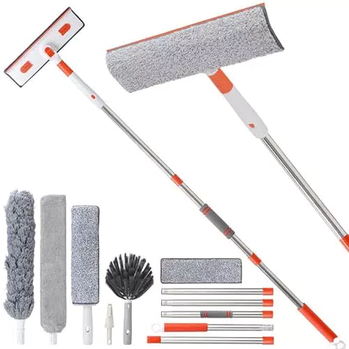 Augot Lavavetri Professionale per Vetro, 5 in 1 Lavavetri Telescopico Professionale Kit Testa Girevole a 180°con Manico Rimovibile per all'aperto e a Casa