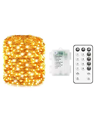 AxiwoIntl Luci Led a Batteria Lucine - 10M Catena Luminosa 100LED Impermeabile IP65 con Telecomando Stringa Luci Led Batteria Per Giardino Matrimonio Camera Festa Decorative Bianco Caldo