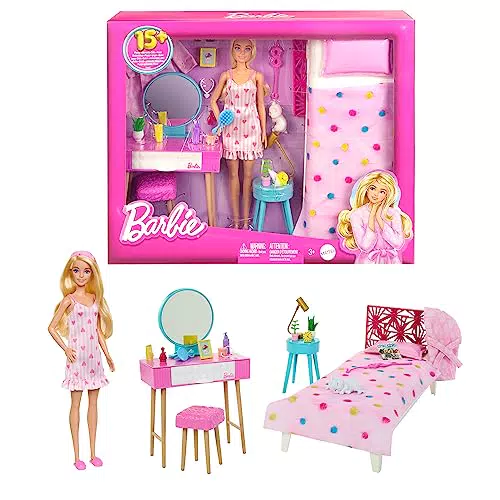 Barbie - Set Camera da letto di Barbie, include una bambola in pigiama rosa e pantofole