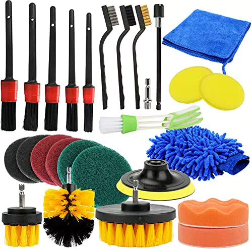 Bestcool 26 Pezzi Set di spazzole per Pulizia Auto Spazzola per Pulizia Ruote Set di Attrezzi per Il Lavaggio di Interni ed Esterni con tampone di lucidatura Spazzola per Trapano Elettrico Guanto