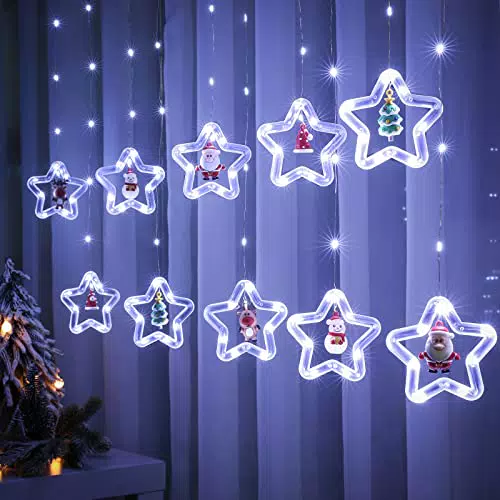 BLOOMWIN Catena Luminosa Stella Natale 3m Tenda Lumisona Finestra per Interni USB Luci di Natale con Telecomando 8 Modalità 10 Addobbi Natalizi Illuminoazioni per Finestra Vetrina Giardino Festa