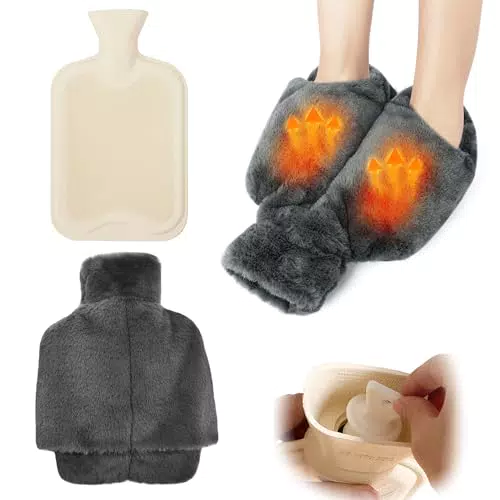 Borsa Acqua Calda Piedi ZHSIHAI 2L Scaldapiedi Scalda Piedi 2 in 1 Hot Water Bottle Boule Acqua Calda con Pocketa Peluche Lavabile e Rimovibile Pantofole Riscaldate Piedi per Donna Maschio