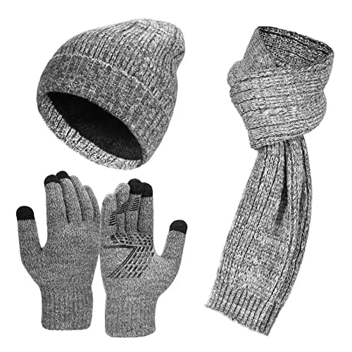 Cappello Sciarpa Guanti Invernale Set - 3 Pezzi Uomo Touch Screen Guanti Termici Cappelli Beanie Lungo Sciarpe Elegante Caldo Antivento Unisex per Running Sci Outdoor Sport