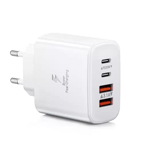 Caricatore USB C Alimentatore, 40W 4-Porto Ricarica Veloce Presa USB Tipo C Caricabatterie Spinotto Multiplo USB Carica Spina Rapido Caricatore per iPhone 15 14 13 12 11 Pro Max XS XR SE