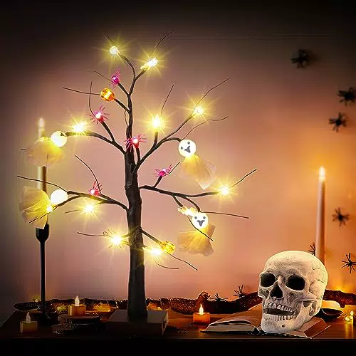 Coikes Luci Halloween Decorazioni Casa 60cm/2ft Albero di Decorazioni Halloween con Zucca Pipistrello Fantasma 24 LED Zucche Luci Decorative Autunnali per Decorazioni di Halloween Interno ed Esterno